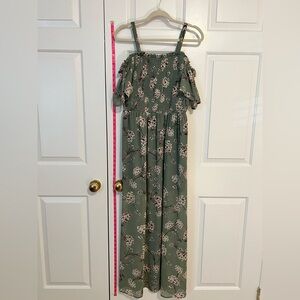 As U Wish Floral Maxi Dress – Sage Green Off-Shoulder Smocked Bodice